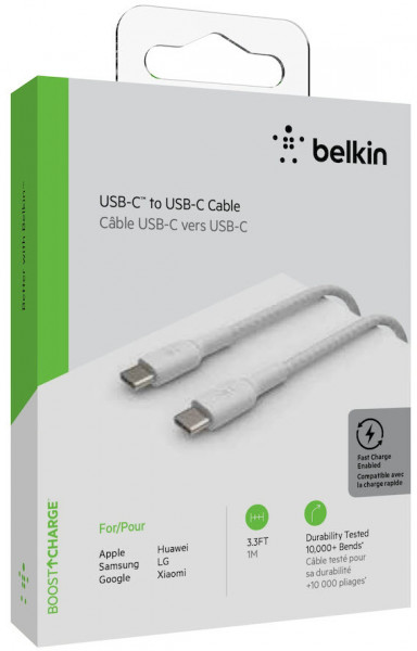 Belkin USB-C/USB-C Kabel ummantelt, 1m, weiß