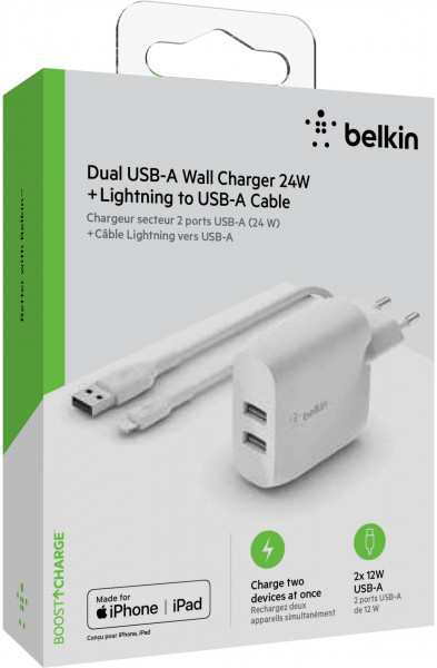 Belkin Dual USB-A Ladegerät incl. Lightning Kabel 1m 24W weiß