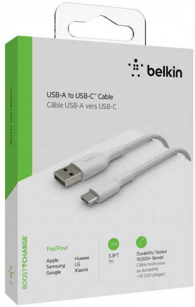 Belkin USB-C/USB-A Kabel ummantelt, 1m, weiß