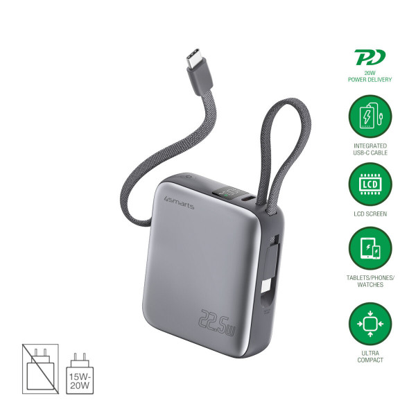 4smarts Powerbank Pocket Dual Cord 10000mAh 22.5W, spacegrau