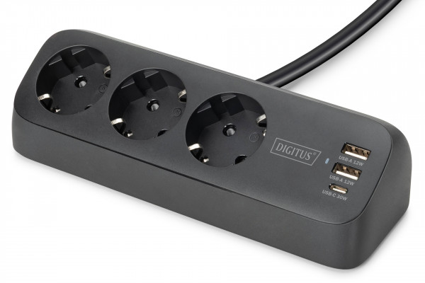 DIGITUS 3-fach Office-Steckdosenl. mit 2xUSB-A und 1x USB C sw
