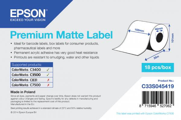 Epson Etikettenrolle 102mm 35 Meter weiss premium matt