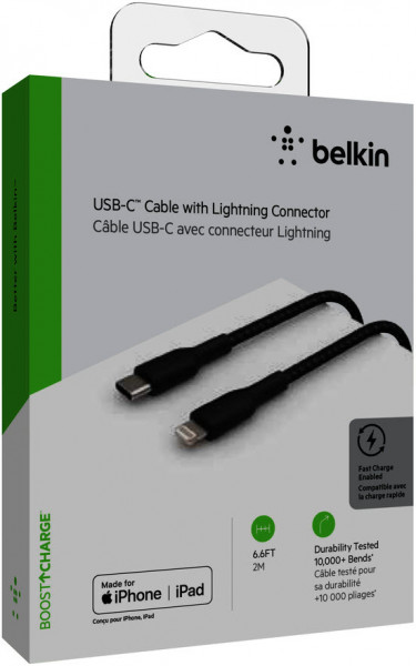 Belkin Lightning/USB-C Kabel ummantelt mfi 2m schwarz