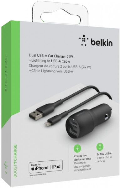 Belkin Dual USB-A Kfz-Ladegerät incl. Lightning Kabel 1m 24W b