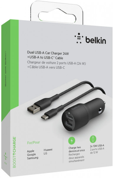 Belkin Dual USB-A Kfz-Ladegerät incl. USB-C Kabel 1m 24W black