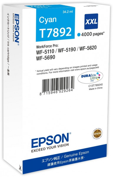 Epson Tintenpatronen T7892 Cyan XXL (34,2ml; ca. 4.000 Seiten)