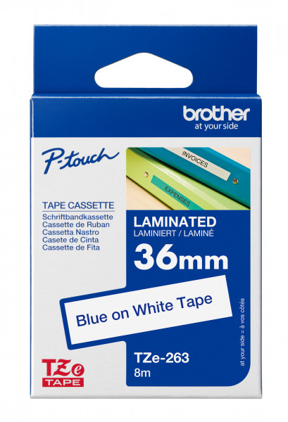 Brother Schriftband TZe-263 (lam.) Blau auf Weiß 36mm x 8m