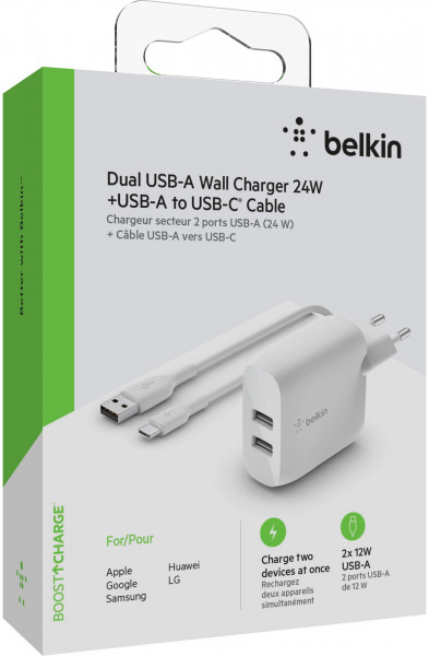 Belkin Dual USB-A Ladegerät incl. USB-C Kabel 1m, 24W, weiß