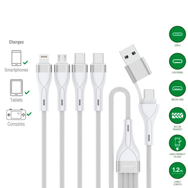 4smarts USB-C/A Multi-Ladekabel 4in2 1,2m, weiß
