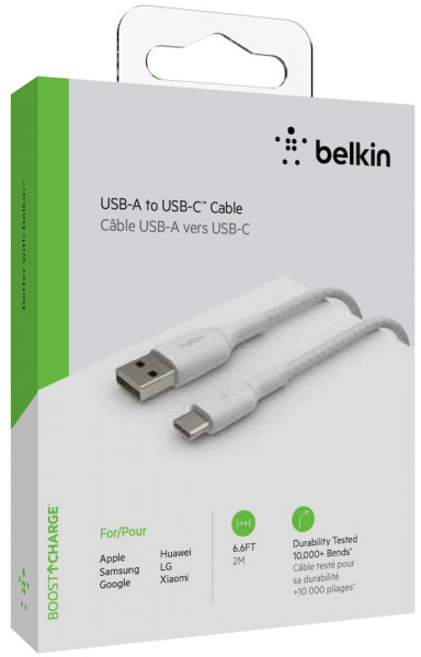 Belkin USB-C/USB-A Kabel ummantelt, 2m, weiß