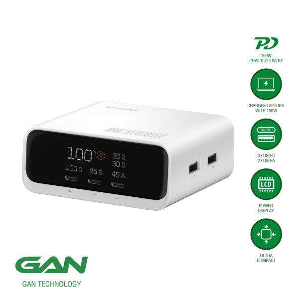 4smarts Desk Charger GaN Screen 100W 3C+2A, weiß