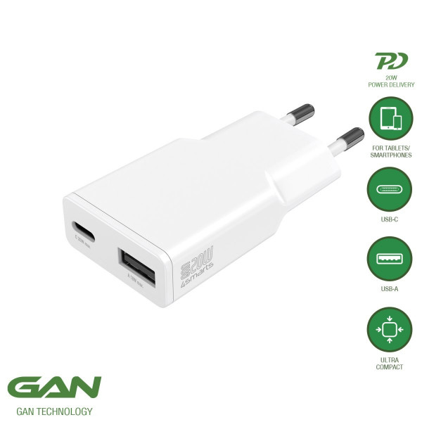 4smarts Netzladegerät PDPlug Duos Slim 20W GaN USB-C/A, weiß