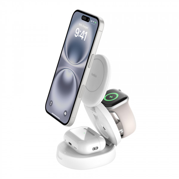 Belkin Klappbare Magnetische 3-in-1-Ladestation mit Qi2, weiss