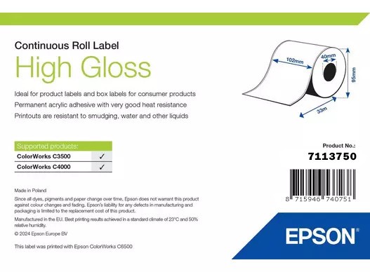 Epson Etikettenrolle 102mm 33 Meter weiss glaenzend