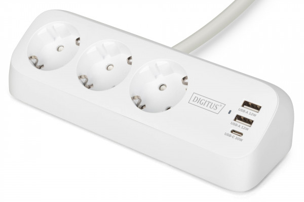 DIGITUS 3-fach Office-Steckdosenl. mit 2xUSB-A und 1x USB C w.