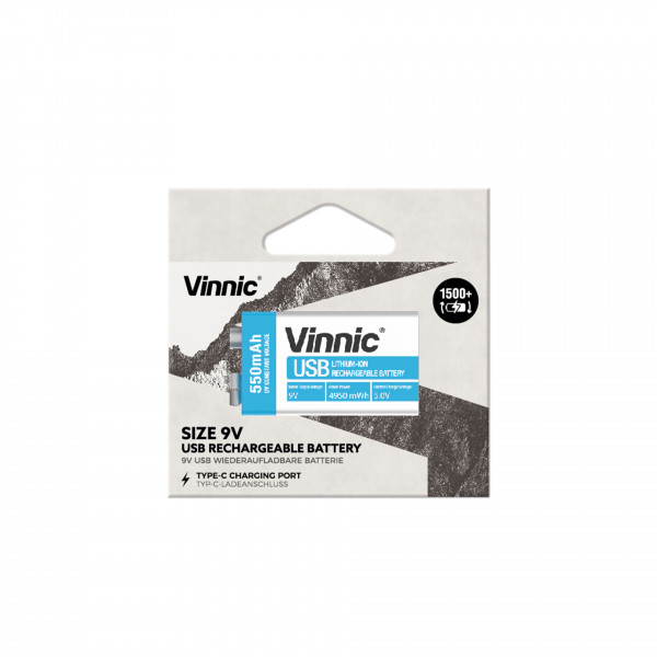Vinnic Rechargeable Akku 9V Block USB Type-C, 1pcs