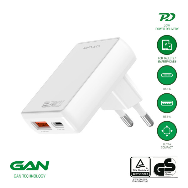 4smarts Netzladegerät FlatPlug Duos 20W GaN 1C+1A, weiß